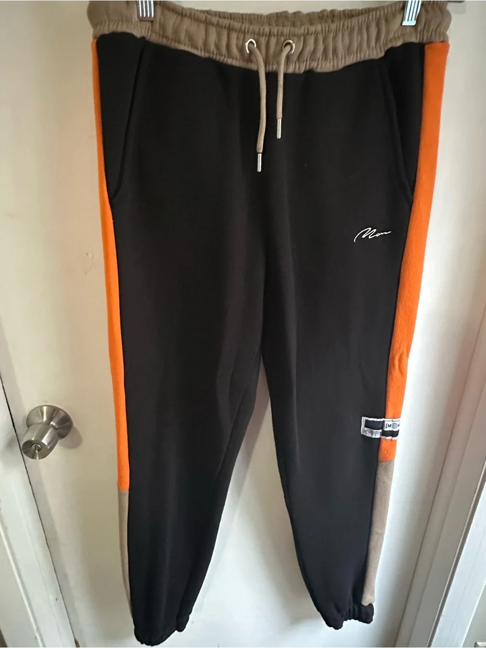 BoohooMAN Mens Jogger Sweatpants M 32 Black Orange Colorblock Drawstring